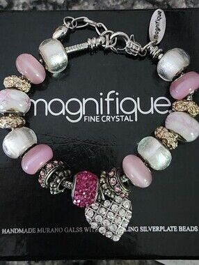 Magnifique Pink Murano Charm Bracelet Pave Heart Pendant Sterling Plated Beads
